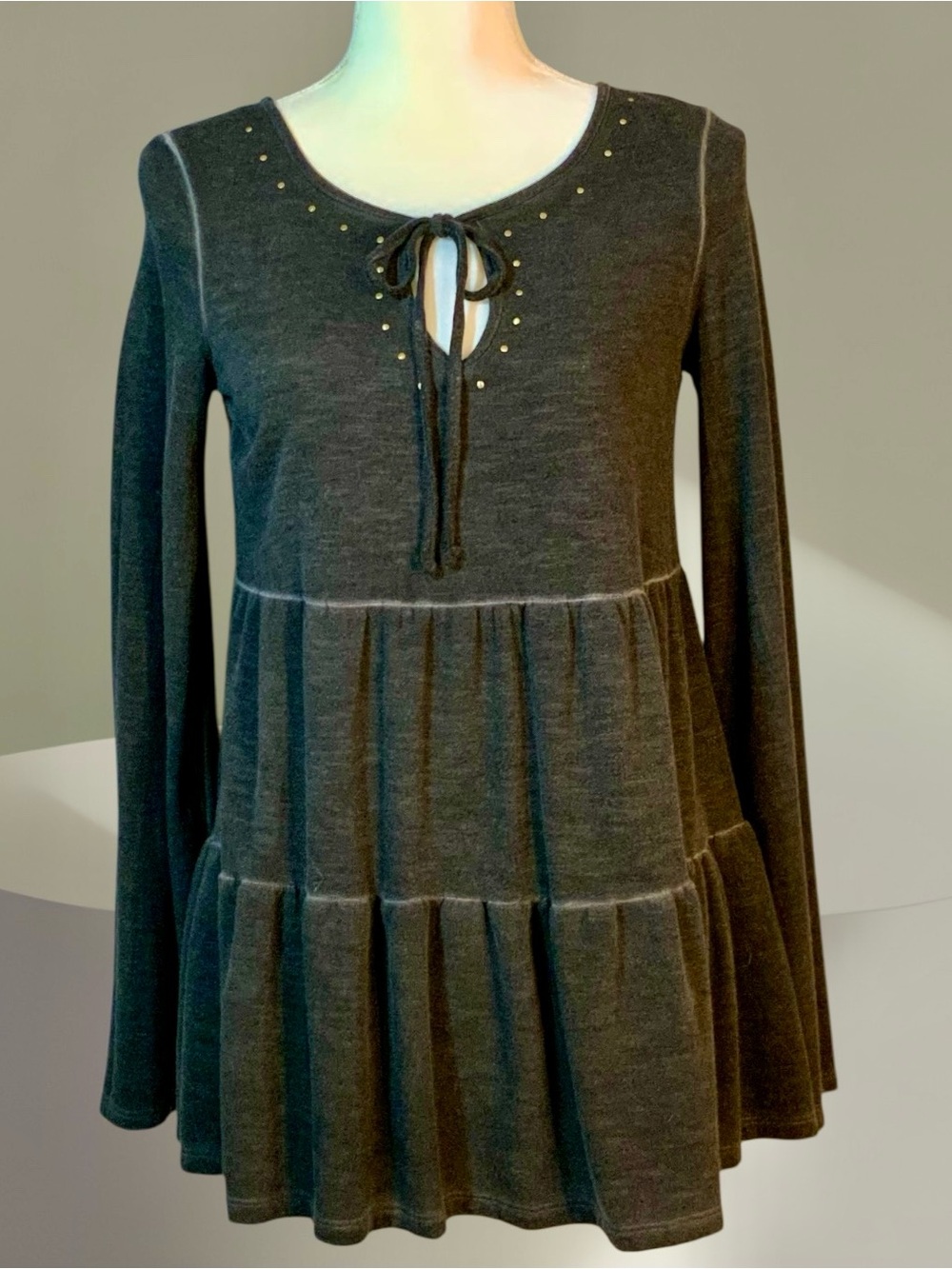 Knox Rose Charcoal Tie-Neck Tiered Tunic with Stud Accents
